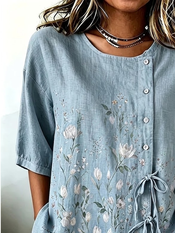 Women's Half Sleeve Shirt Summer Blue Floral Crew Neck Daily Going Out Vintage Top