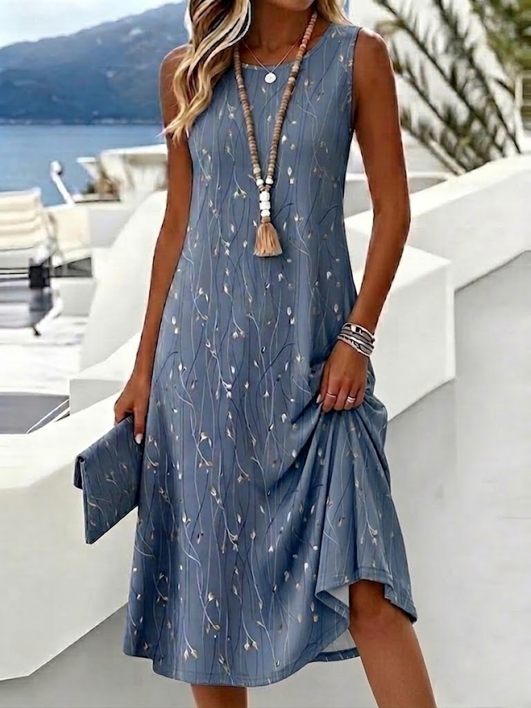 Women's Sleeveless Round Neck Midi Dress Blue Gray Floral Print Casual Summer Tank Dress with No Slit Hem