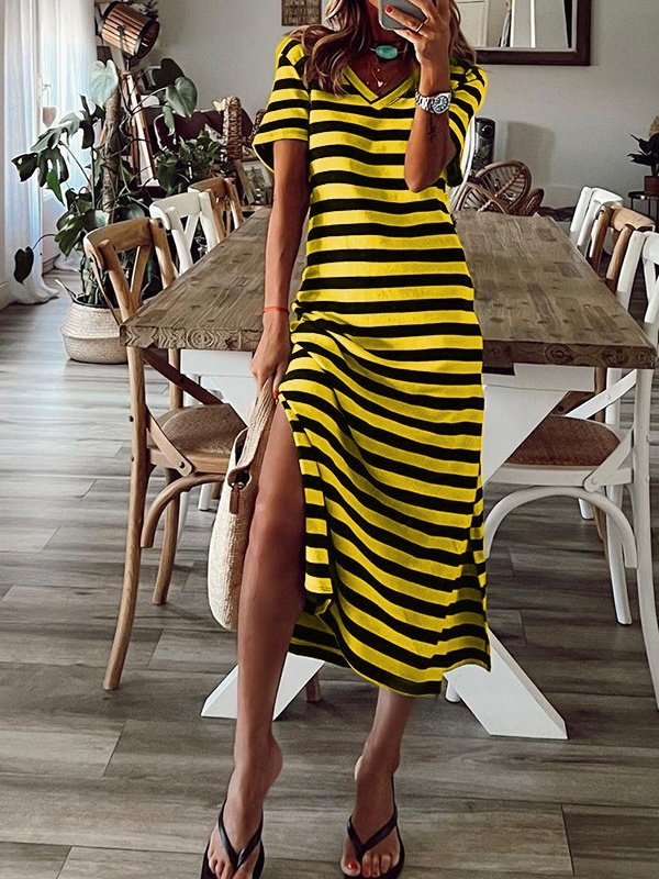 Women's Short Sleeve Summer White Striped Split Joint V Neck Daily Going Out Casual Maxi A-Line T-Shirt Dress Dress