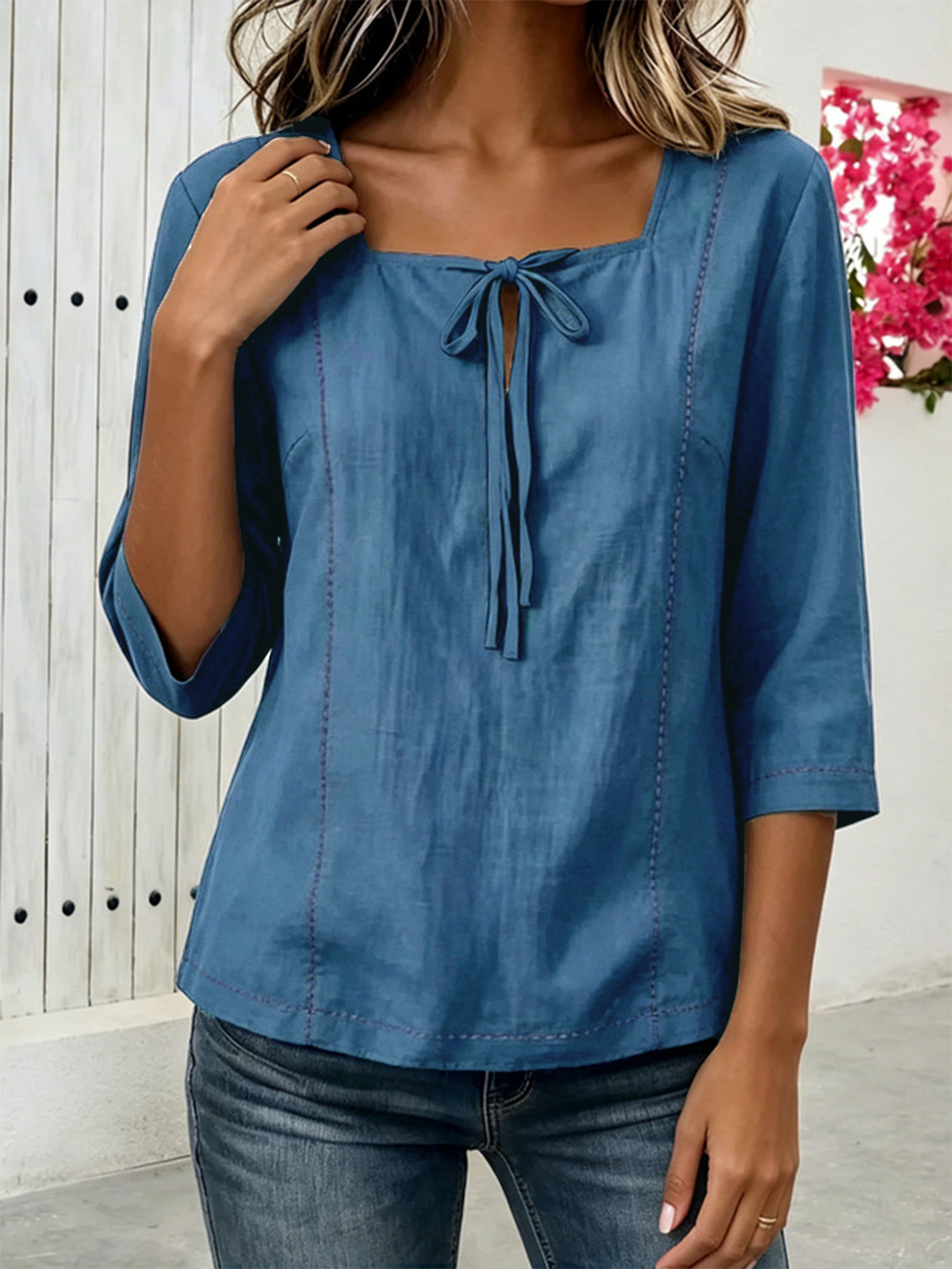 Plain Square Neck Loose Vintage Blouse