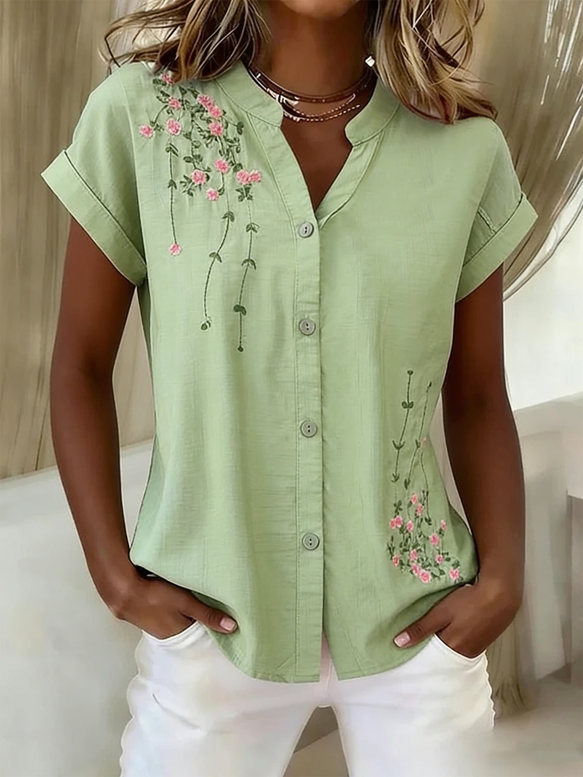 Women's Button-Down Shirt â€?V-Neck, Short-Sleeve, Stylish Button-Front Casual Shirt