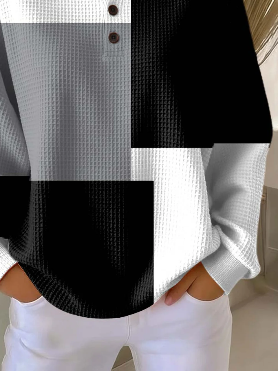 Women's Color Blocking Print Button-Up Casual Waffle Knit Sweatshirt