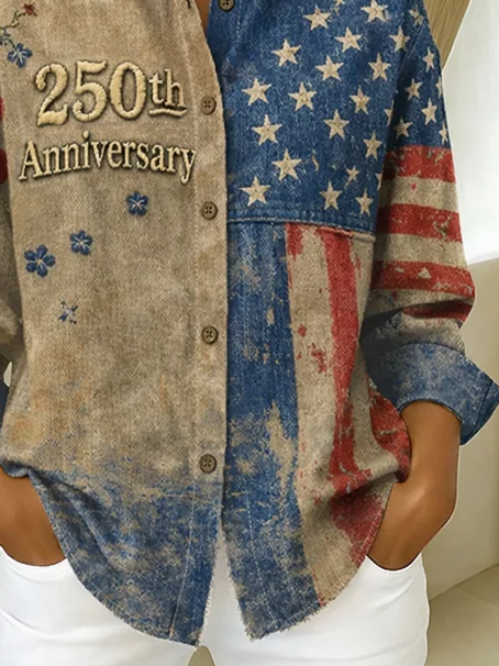 Women's Long Sleeve Shirt Spring/Fall As Picture America Flag Buckle Shirt Collar Regular Sleeve Daily Going Out Casual Top