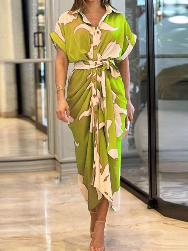 Women's Half Sleeve Summer Purple Floral Split Joint Shirt Collar Daily Going Out Vintage Maxi A-Line Hip Skirt Dress