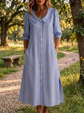 New Arrivals🔥Women's Peter Pan Collar Classic Stripe Print Cotton Linen Dress