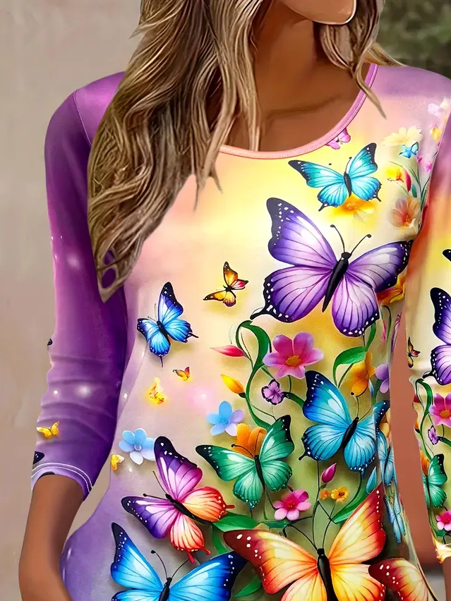 Women's Long Sleeve T-shirt Spring/Fall Purple Butterfly Printing Jersey Crew Neck Daily Going Out Casual Top