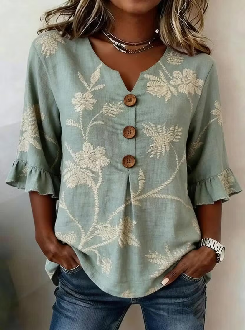 Women's Half Sleeve Blouse Summer Green Floral Printing V Neck Daily Going Out Vintage Top