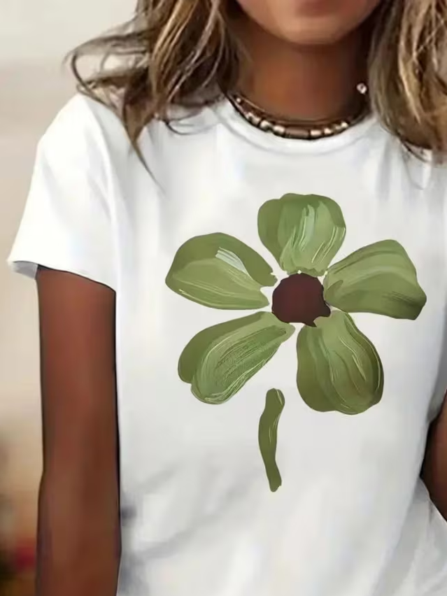 Women's Short Sleeve T-shirt Summer White Floral Printing Jersey Crew Neck Daily Going Out Casual Top