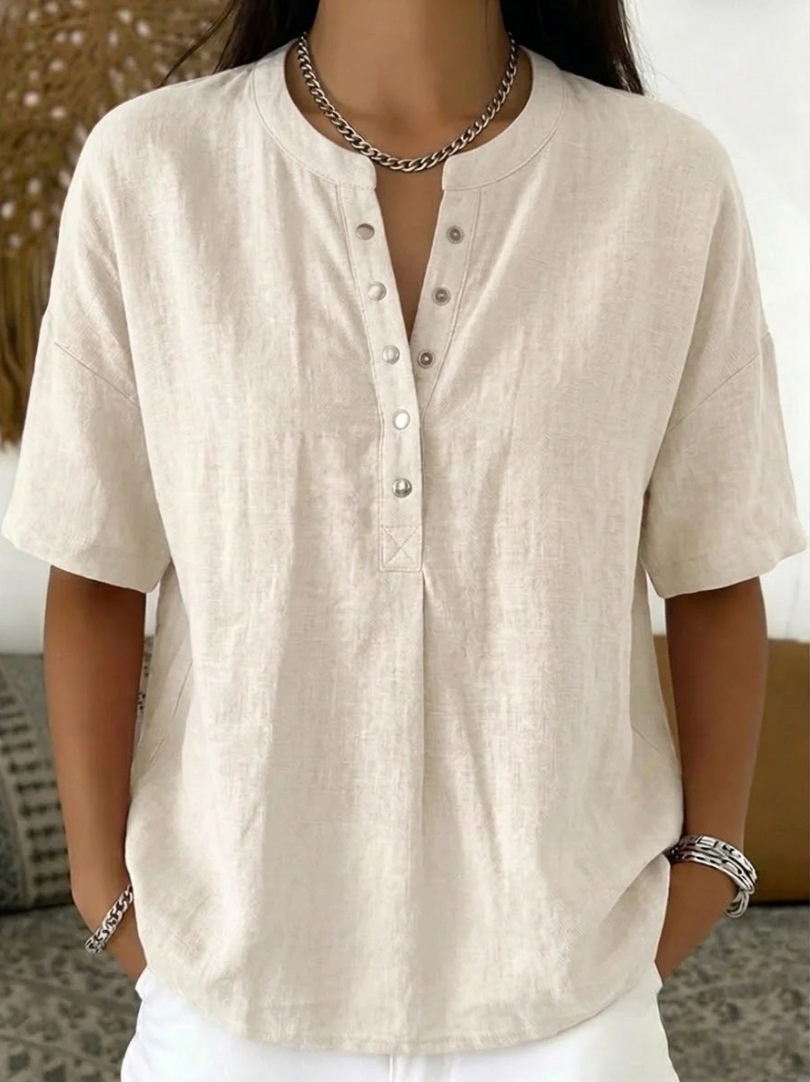 Cotton And Linen Round Neck Short Sleeve Button H-Line Daily Going Out Casual Loose Blouse