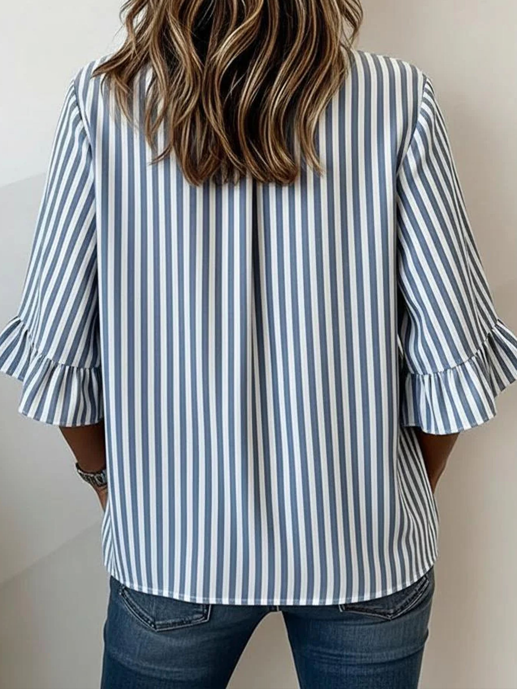 Women's Blue Striped Printed Half Ruffle Sleeve Blouse Summer V Neck Button Daily Going Out Vintage Top