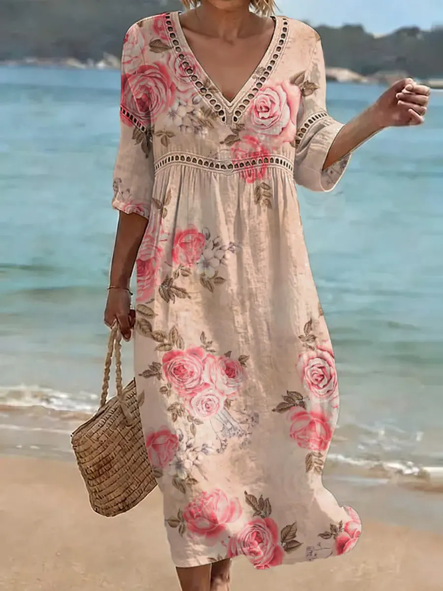 Cotton Blend Blue Border Floral Printed V Neck Short Sleeve Lace Summer Going Out Elegant Casual Dress
