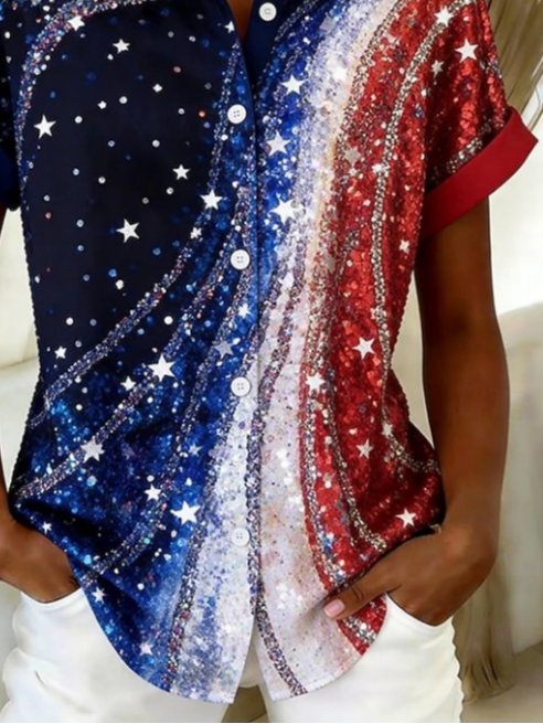 Women's Short Sleeve Shirt Summer As Picture Independence Day (Flag) Printing Shirt Collar Daily Going Out Casual Top