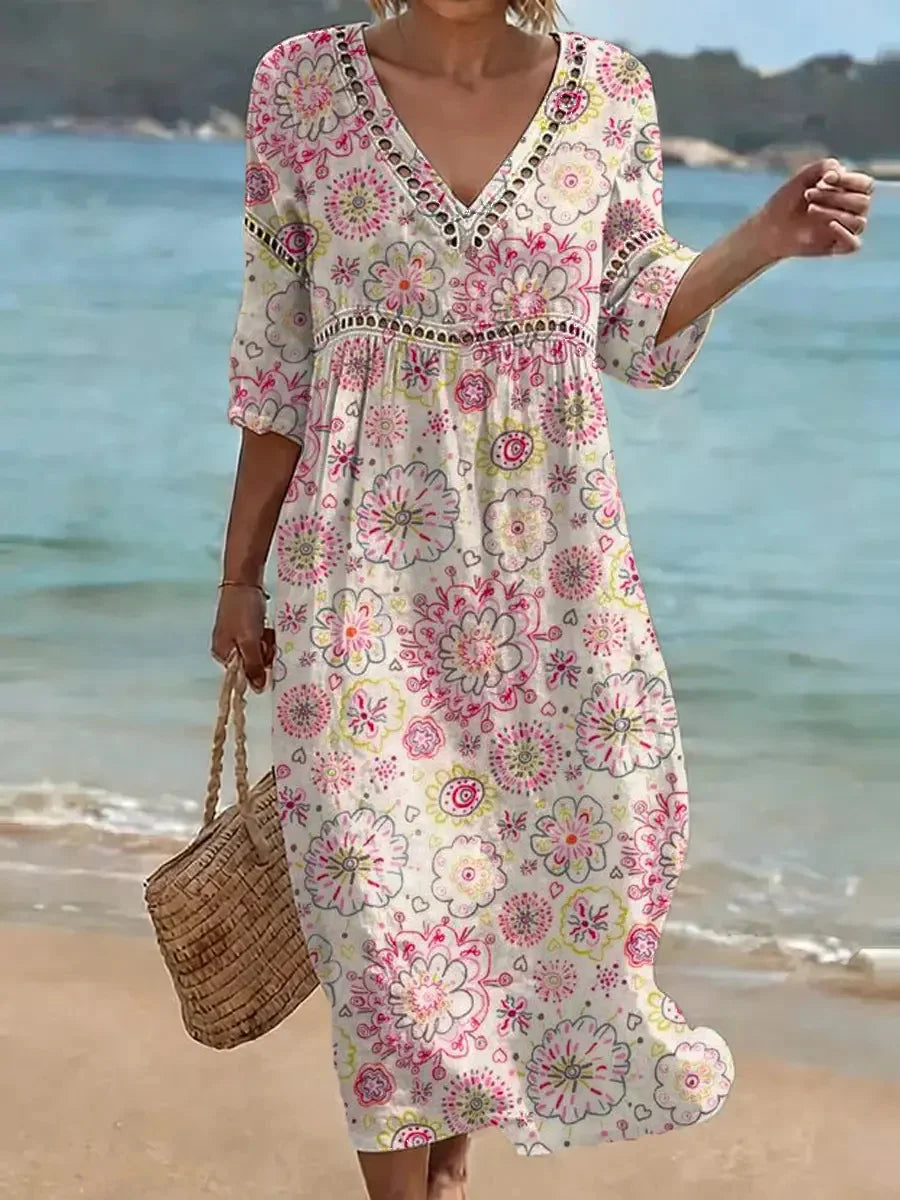 Cotton Blend Blue Border Floral Printed V Neck Short Sleeve Lace Summer Going Out Elegant Casual Dress