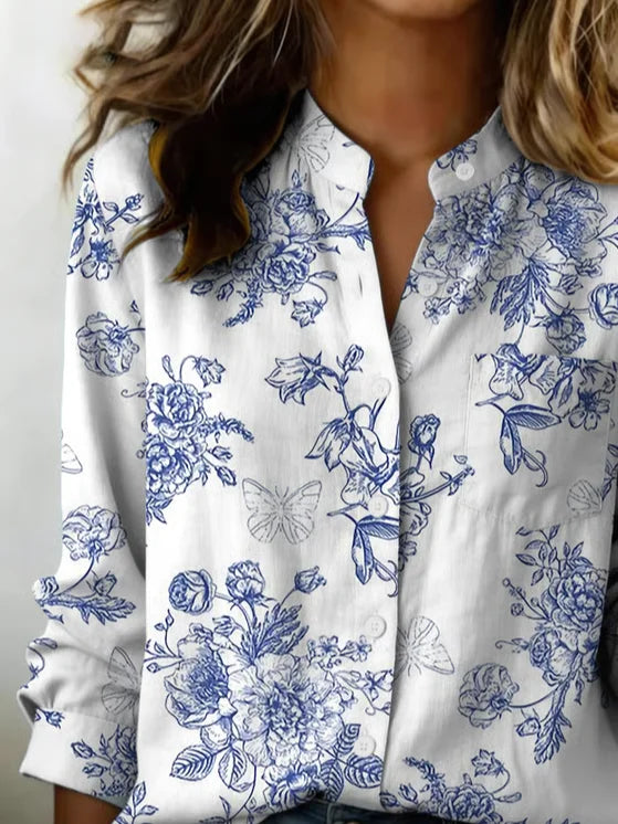 Women's Long Sleeve Shirt Spring/Fall White Floral Printing Stand Collar Daily Going Out Casual Top