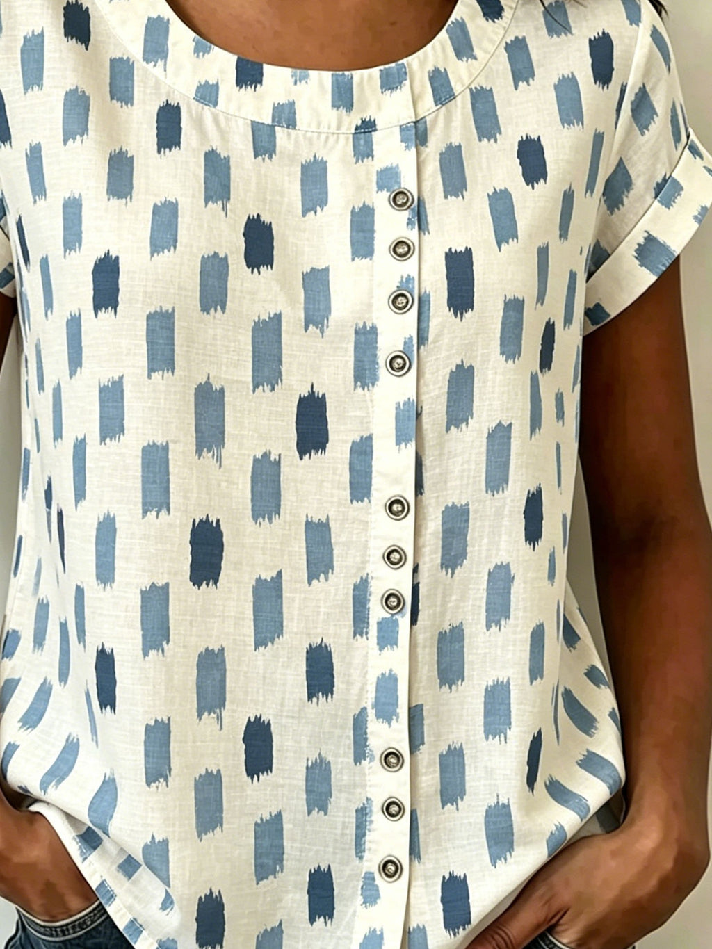 Abstract Graphic Print Casual Linen Blend Crew Neck Short Sleeve Button Loose Casual Top