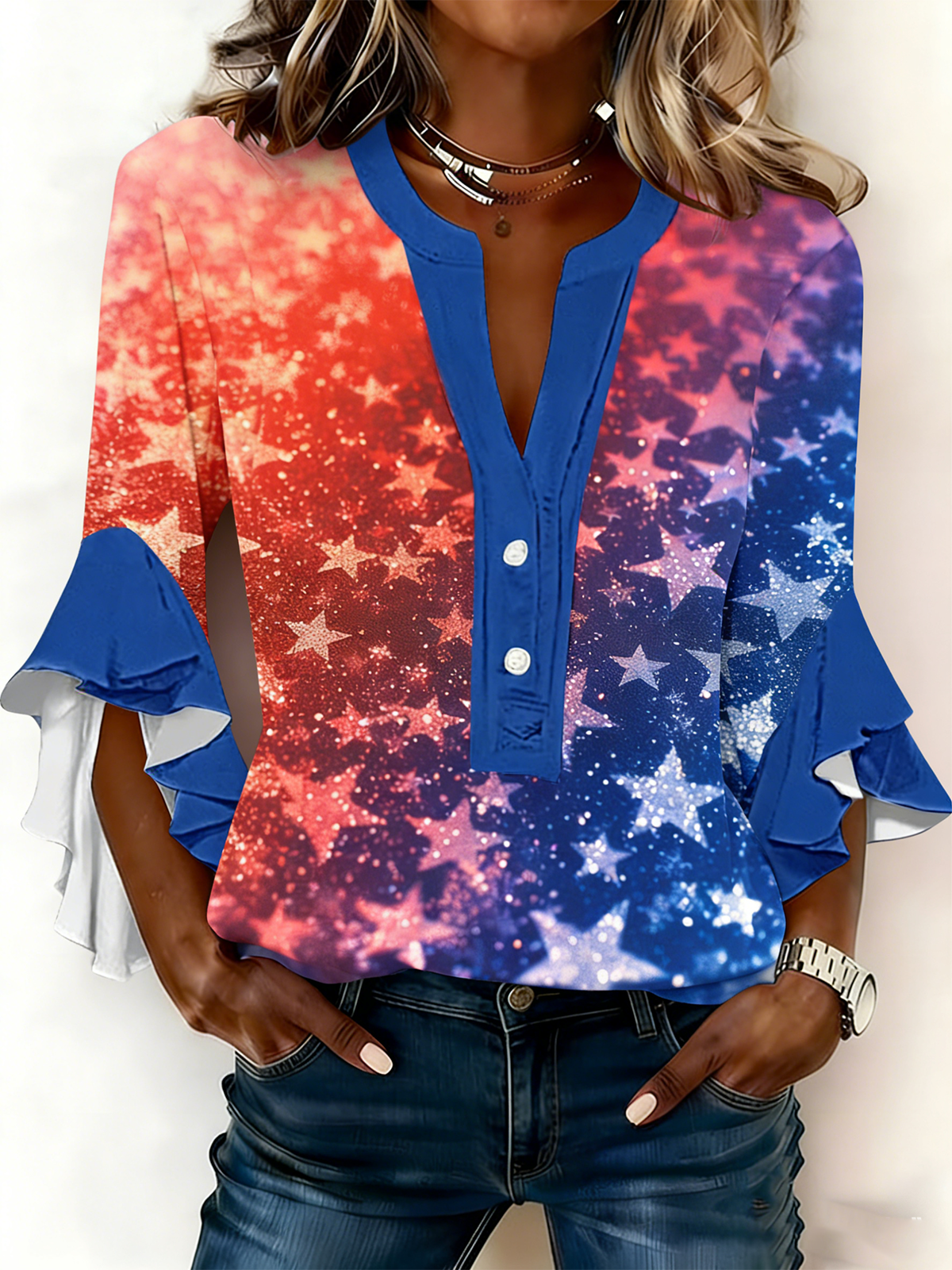 Women's V-Neck Multi-Layered Lace Design Shirt