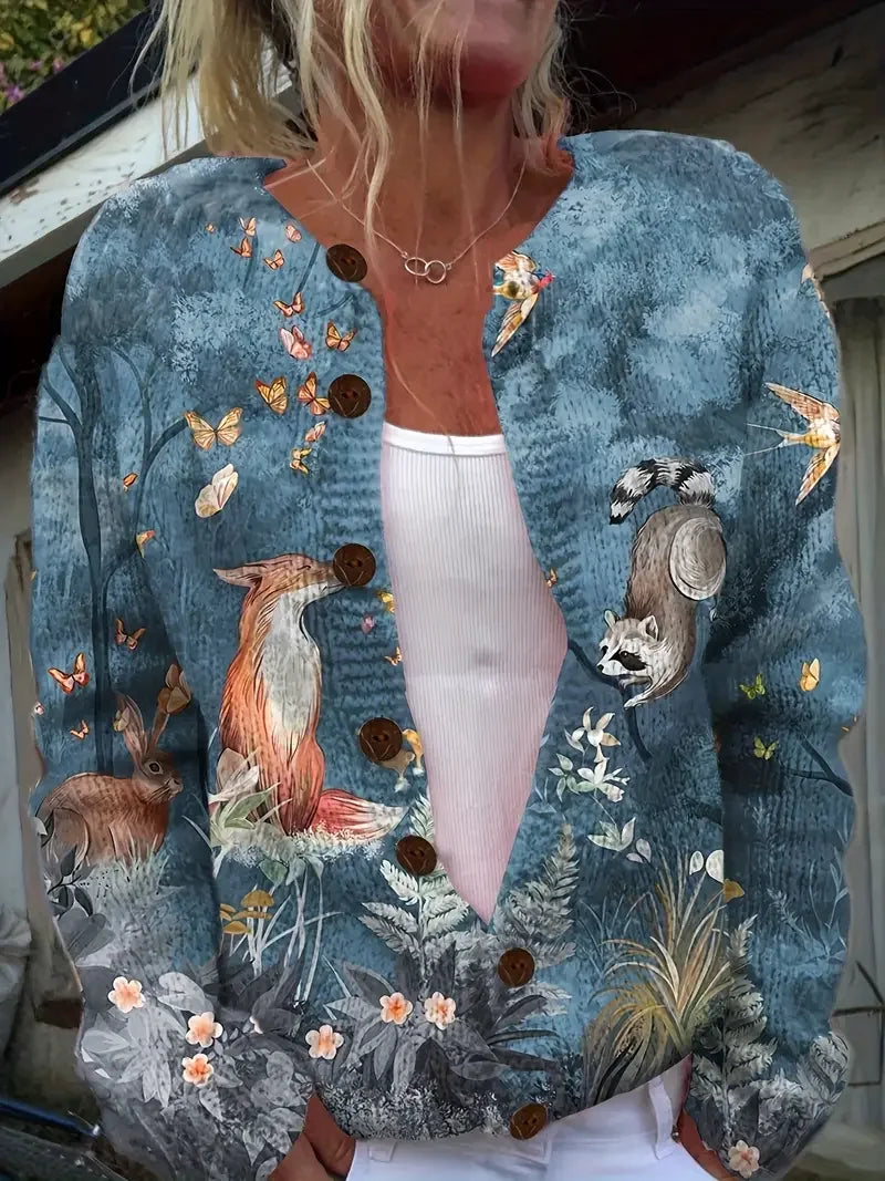 Crew Neck Animal Knitted Vintage Cardigan
