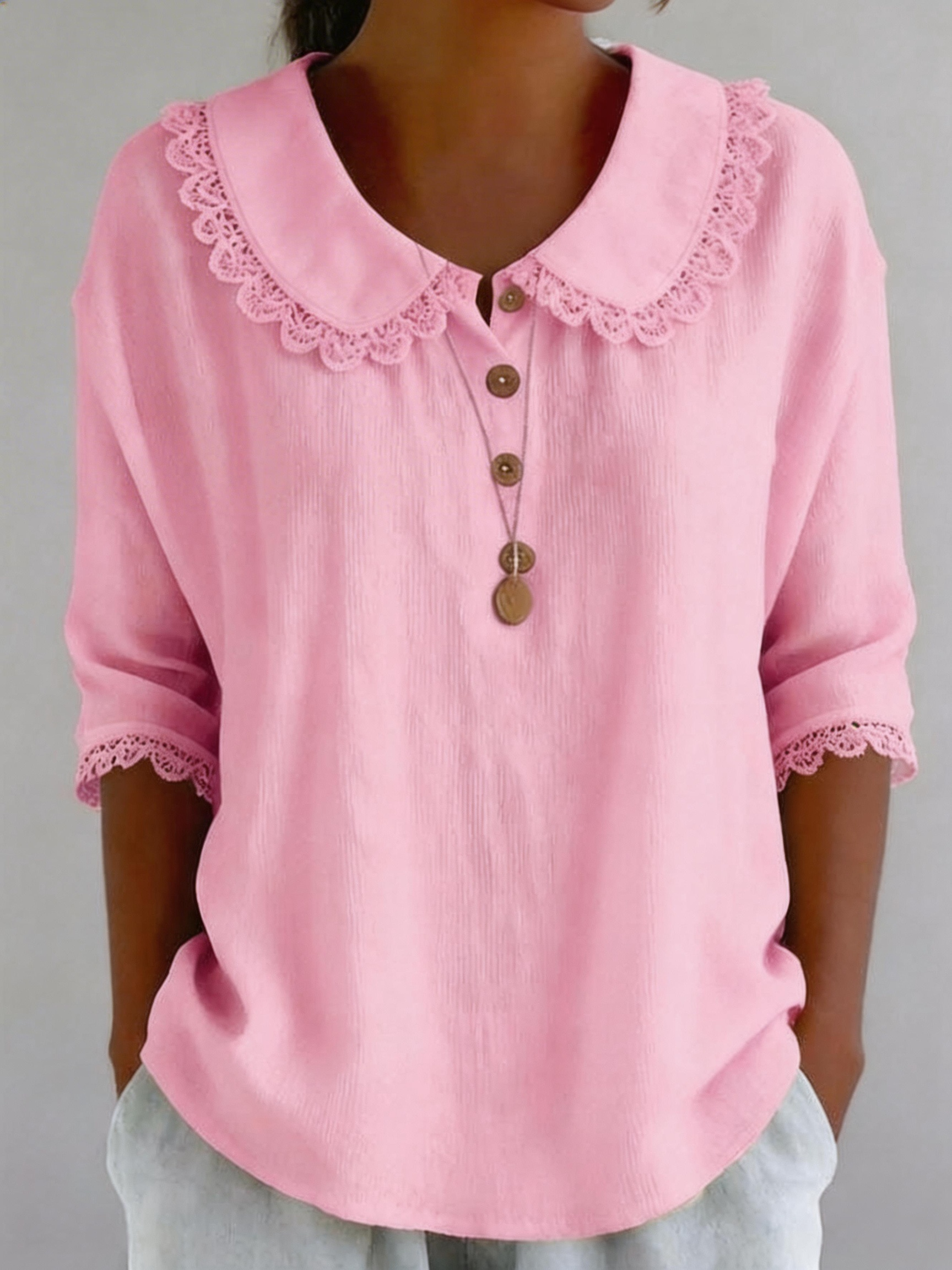 Casual Plain Short Sleeve Round Neck Button Lace Trim Summer Going Out Casual Blouse