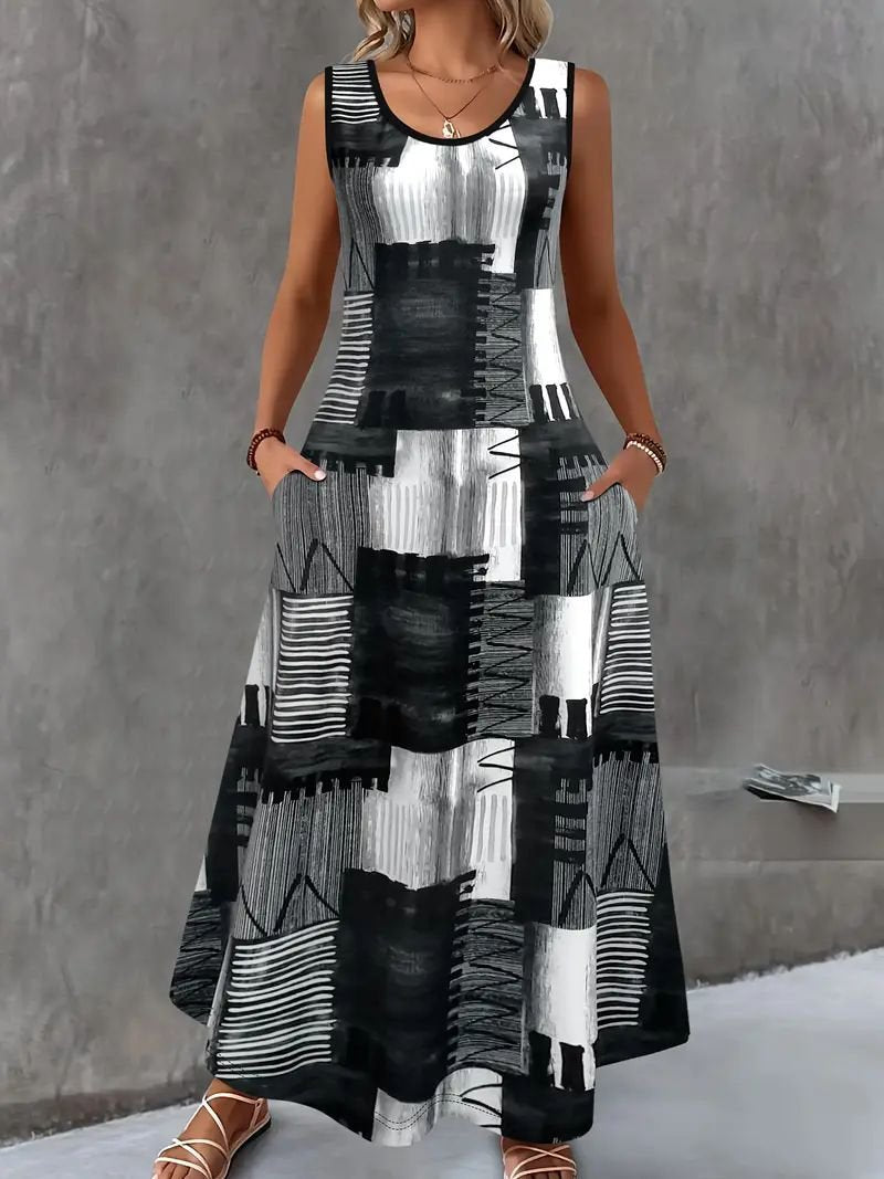Elegant Geometric Crew Neck Loose Dress With No