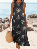 Women's Sleeveless Summer Black Floral Printing Crew Neck Daily Going Out Casual Maxi H-Line Tank Dress