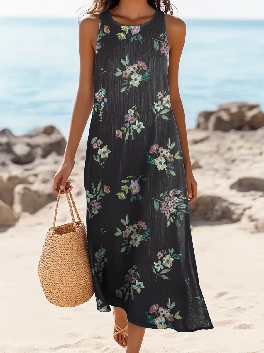 Women's Sleeveless Summer Black Floral Printing Crew Neck Daily Going Out Casual Maxi H-Line Tank Dress