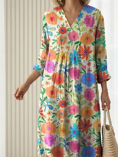 Loose Elegant V Neck Floral Dress With No