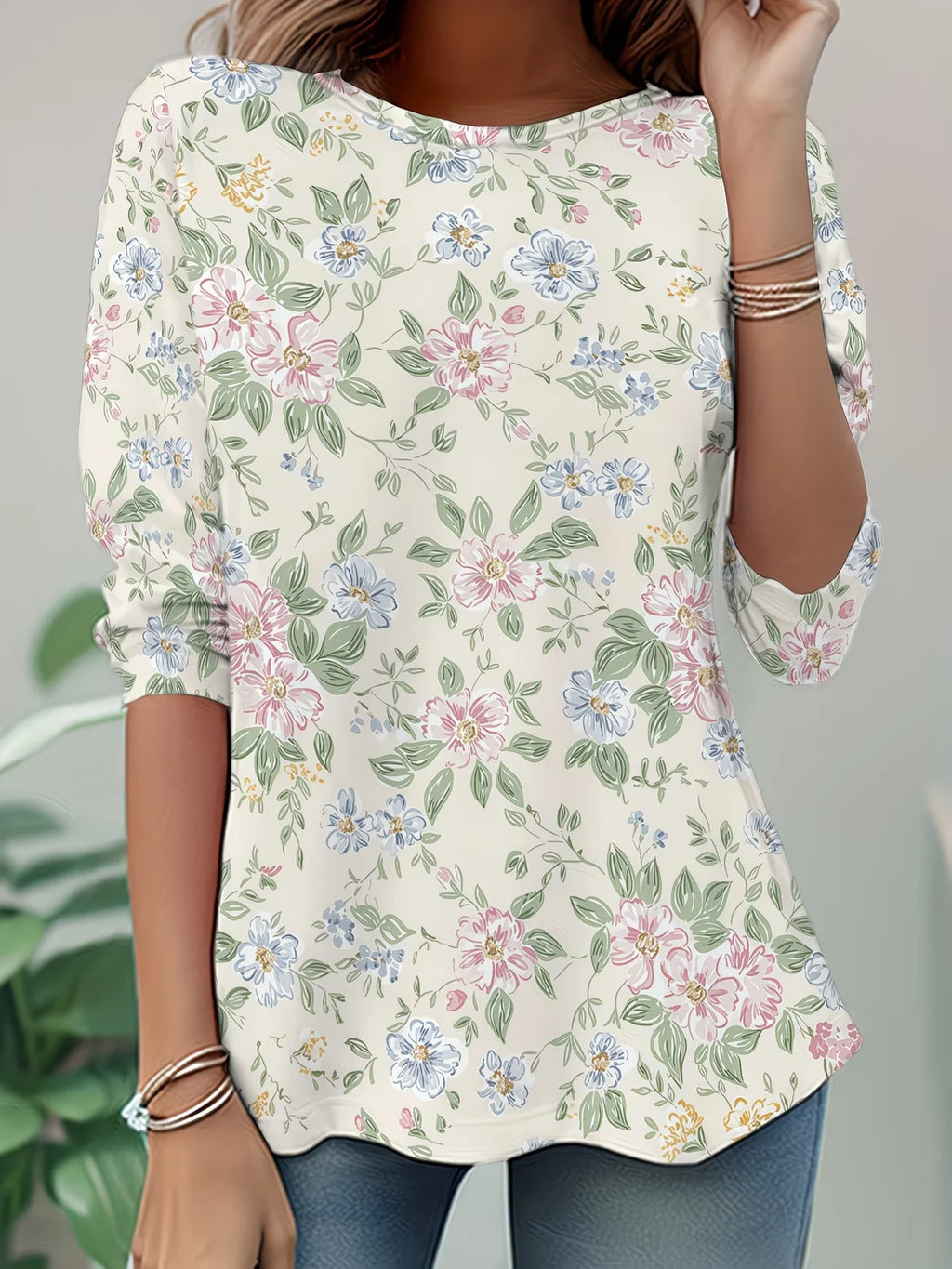 Women's Long Sleeve T-shirt Spring/Fall Apricot Floral Jersey Crew Neck Daily Going Out Casual Top