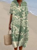Japanese Art Plum Blossom Printed V Neck Casual Midi Dress