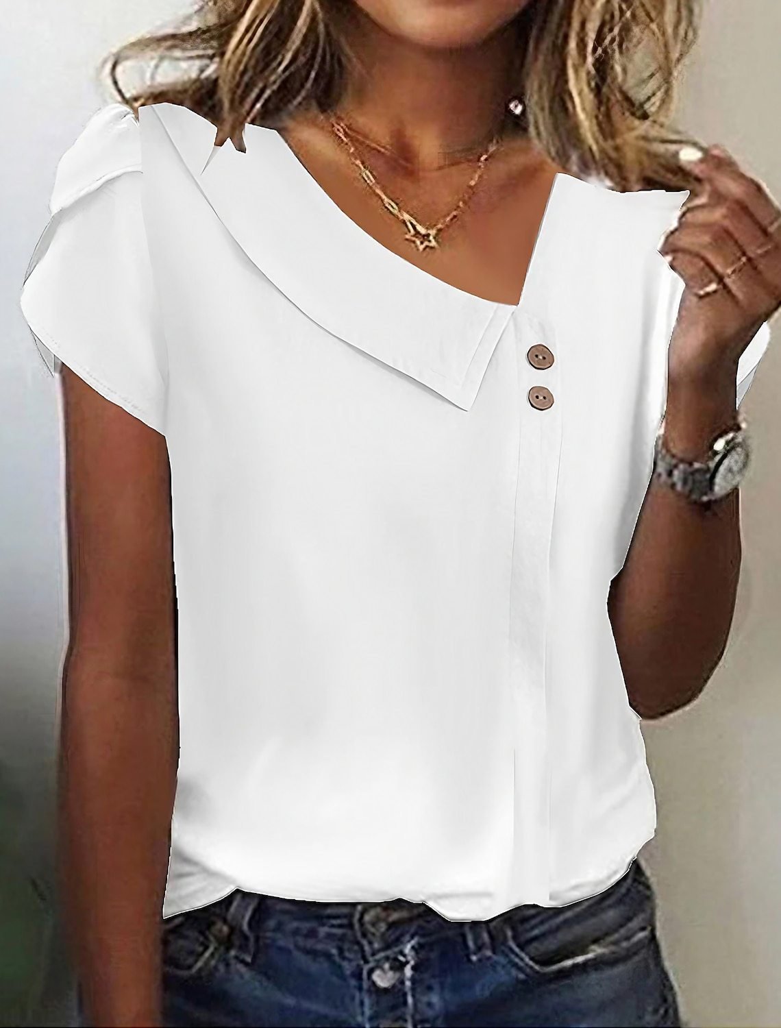 Women's Short Sleeve T-shirt Summer Green Plain Buckle Asymmetrical Daily Going Out Casual Top