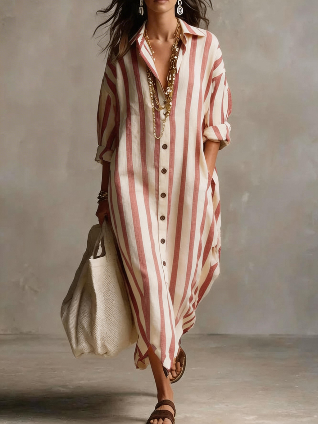Boho Striped Button-Down Maxi Shirt Dress
