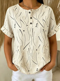 Women’s Abstract Line & Dot Print Henley Neck Short Sleeve T‑shirt