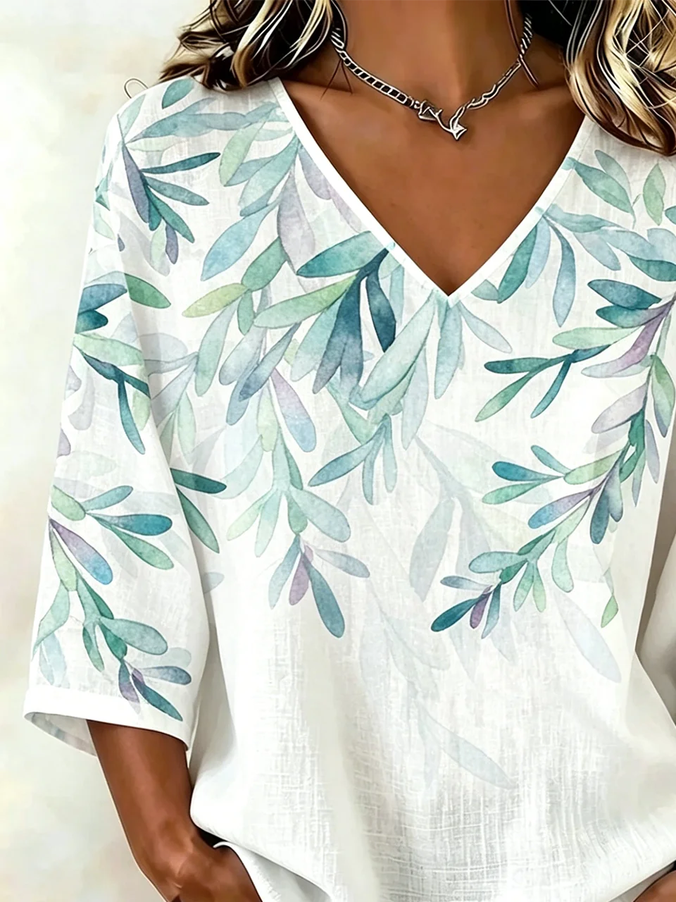 Casual V Neck Leaf Loose Blouse