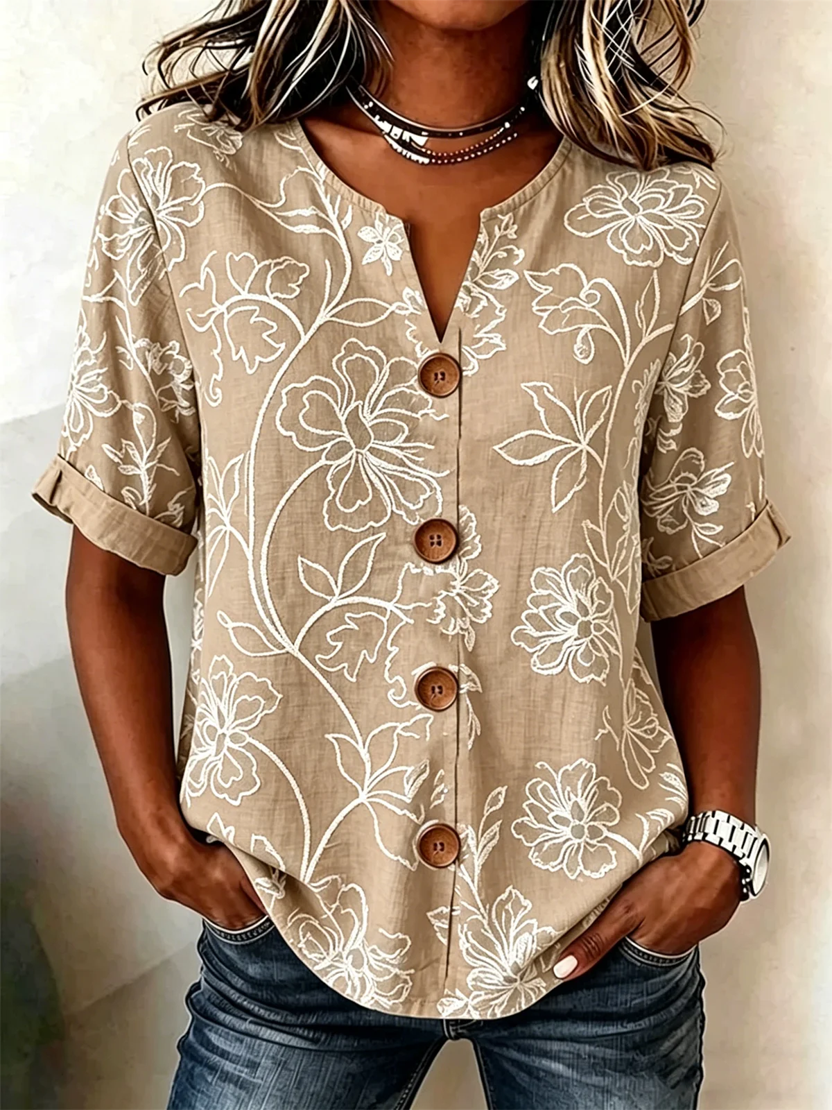 Vintage Blue Floral V-Neck Blouse with Wooden Buttons