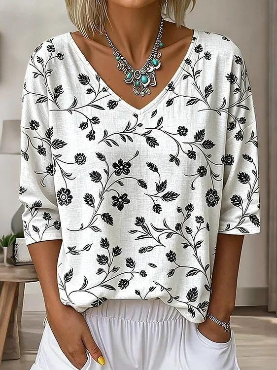 Floral V Neck Vintage T-Shirt