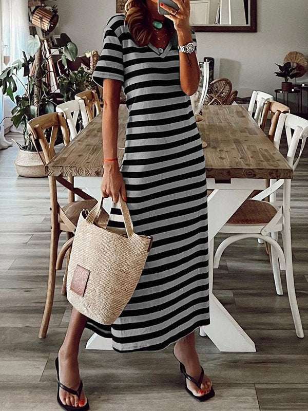 Women's Short Sleeve Summer White Striped Split Joint V Neck Daily Going Out Casual Maxi A-Line T-Shirt Dress Dress