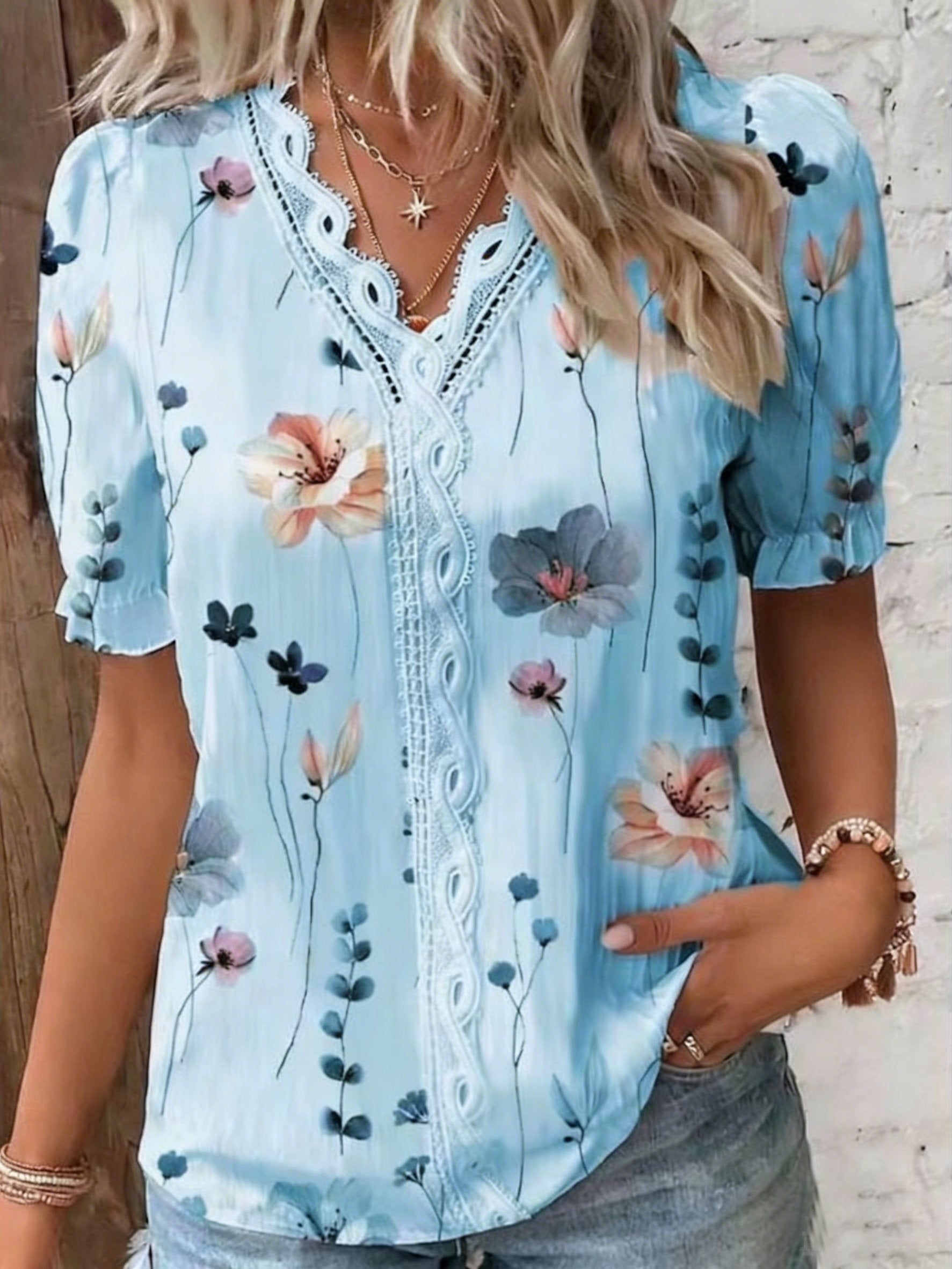 Blue Floral Short Sleeve Ruffle V Neck Lace Trim Summer Going Out Casual Blouse