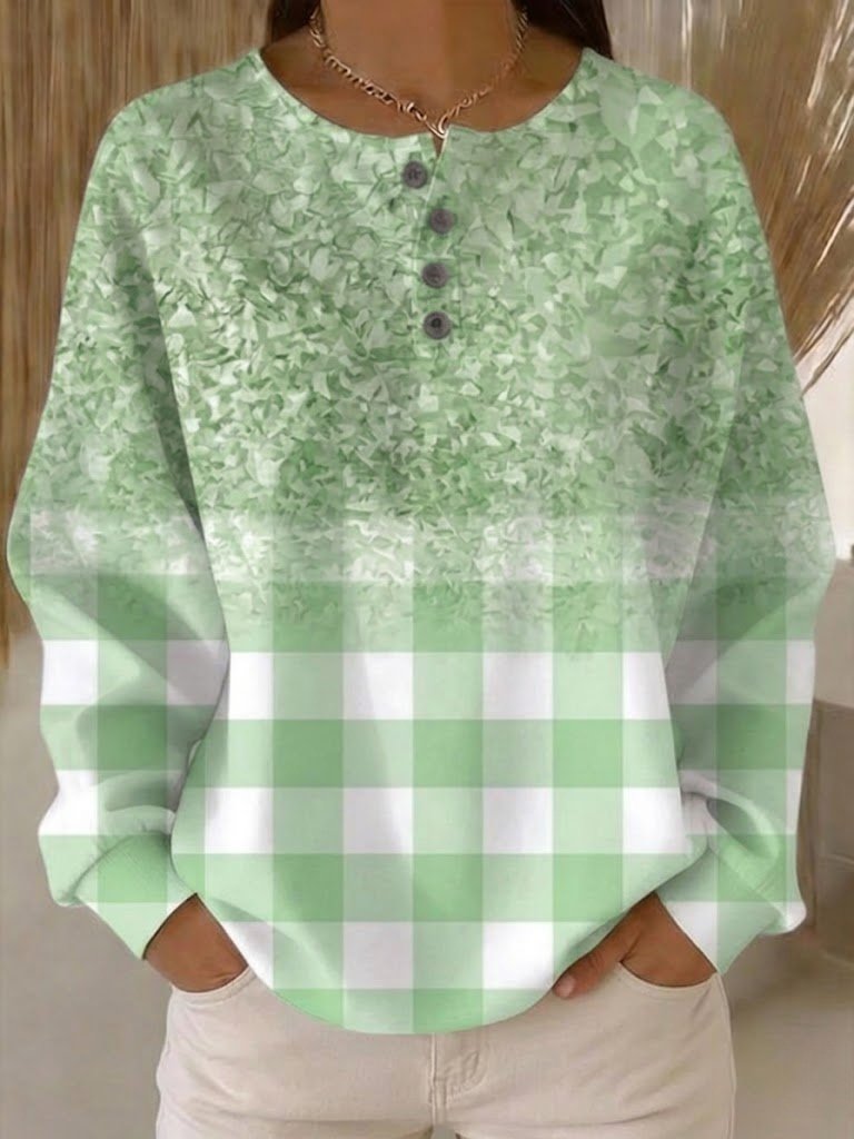Women's Pink Ombre & Gingham Print Long Sleeve Henley Neck Casual Sweatshirt with Buttons