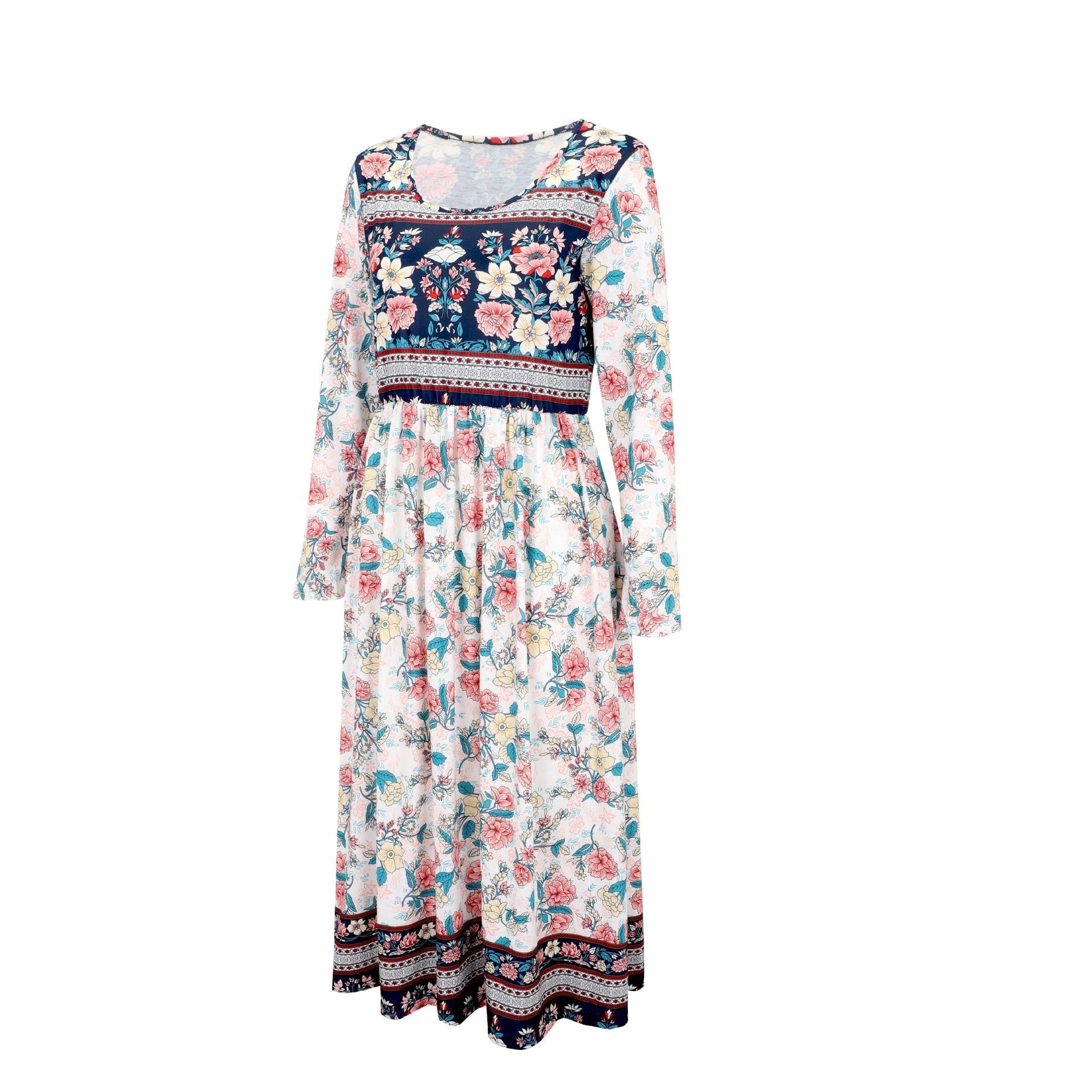 Floral Vintage Loose Crew Neck Dress With No