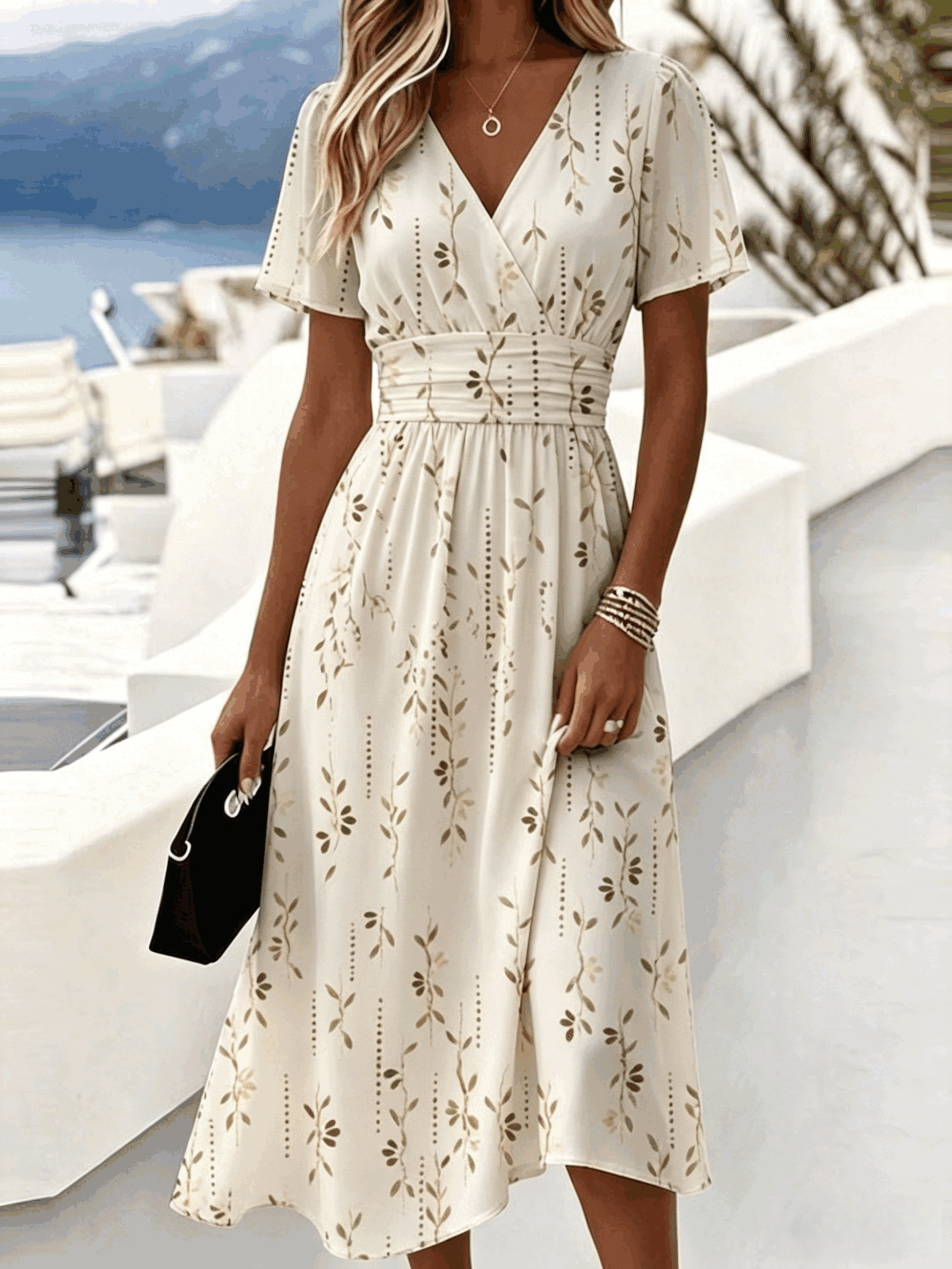 V Neck Elegant Regular Fit Leaf Dress With No
