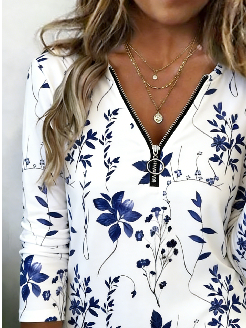 Zipper Loose Casual V Neck T-Shirt