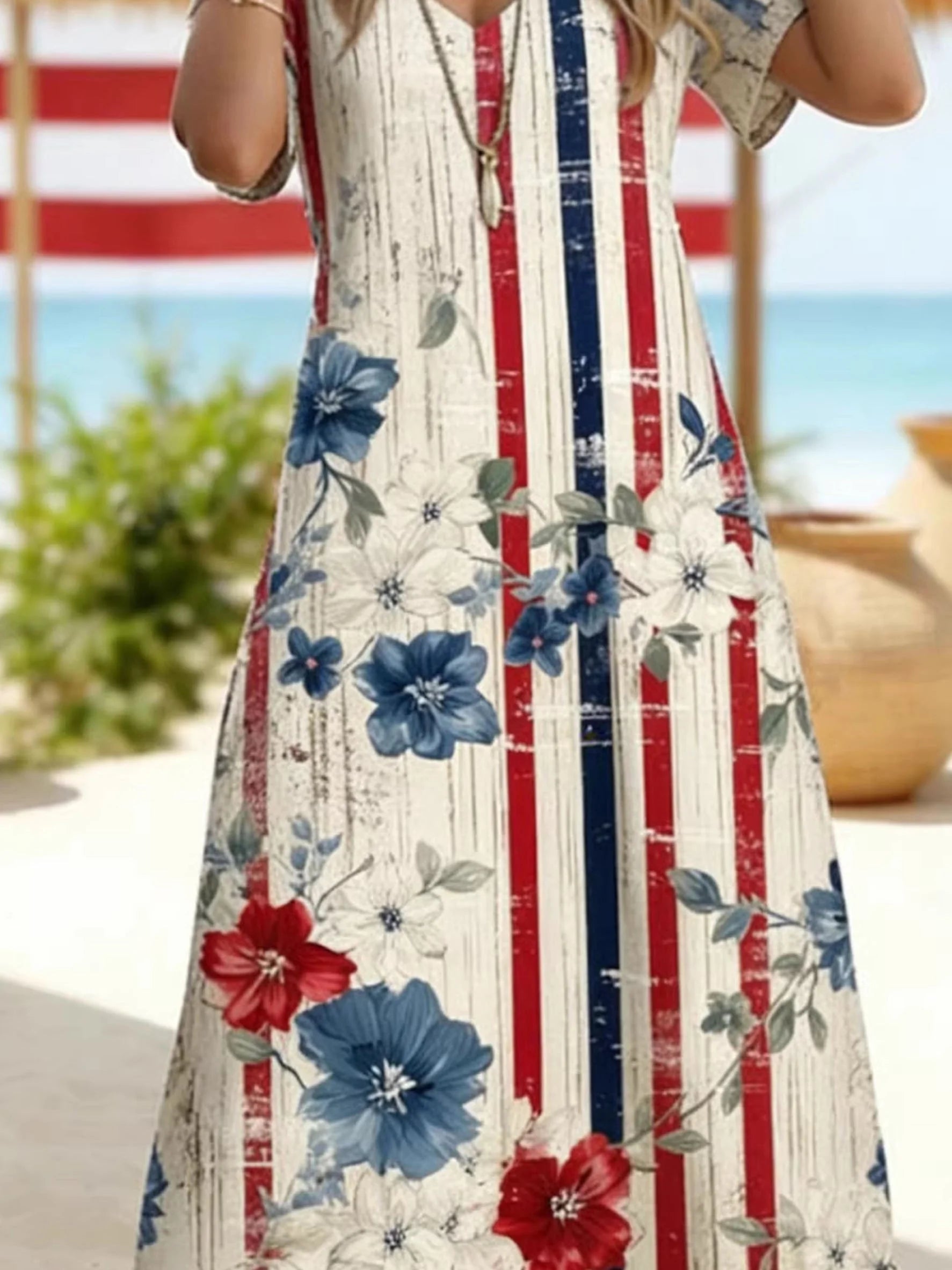 Women's Short Sleeve Summer As Picture Floral Printed Independence Day V Neck Short Sleeve Daily Going Out Casual Maxi A-Line T-Shirt Dress 250th Anniversary