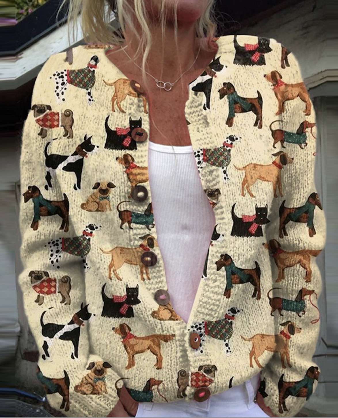 Cute puppy button round neck cardigan