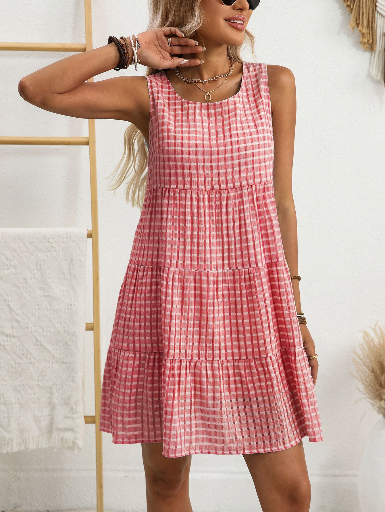 Plaid Crew Neck Sleeveless Going Out Casual Dress