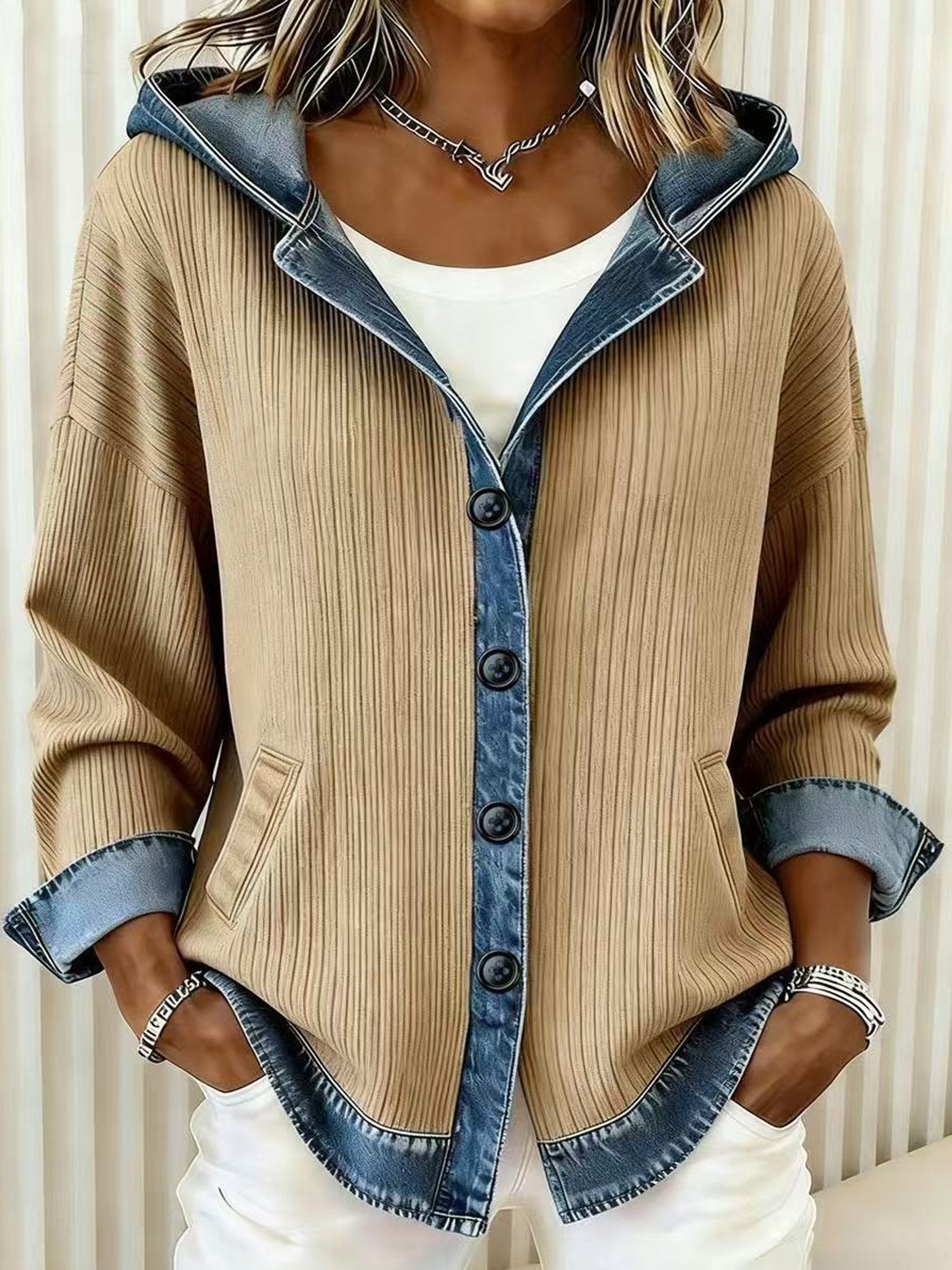 Plain Color Block Denim Casual Loose Long Sleeve Button Cardigan with hooded Going Out Casual Hoodie