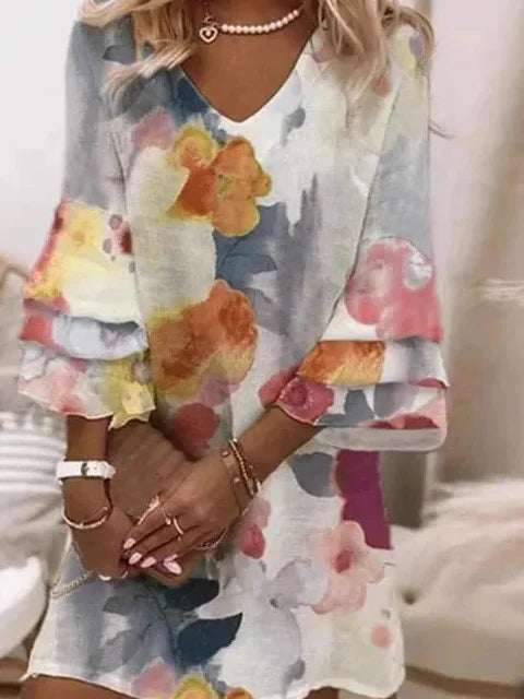 Watercolor Floral Tiered Sleeve Mini Dress - Boho V Neck Casual Summer Shift Dress