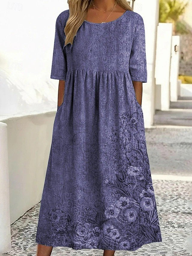 Loose Casual Crew Neck Floral Dress With No