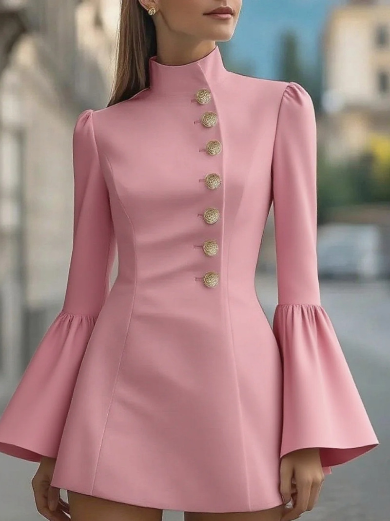 Elegant Stand Collar Form-Fitting Plian Stand Collar Flared Sleeve Suit Dress