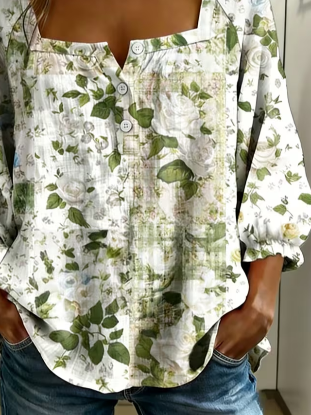 Women's Three Quarter Sleeve Blouse Spring/Fall White Floral Printing Square Neck Daily Going Out Vintage Top