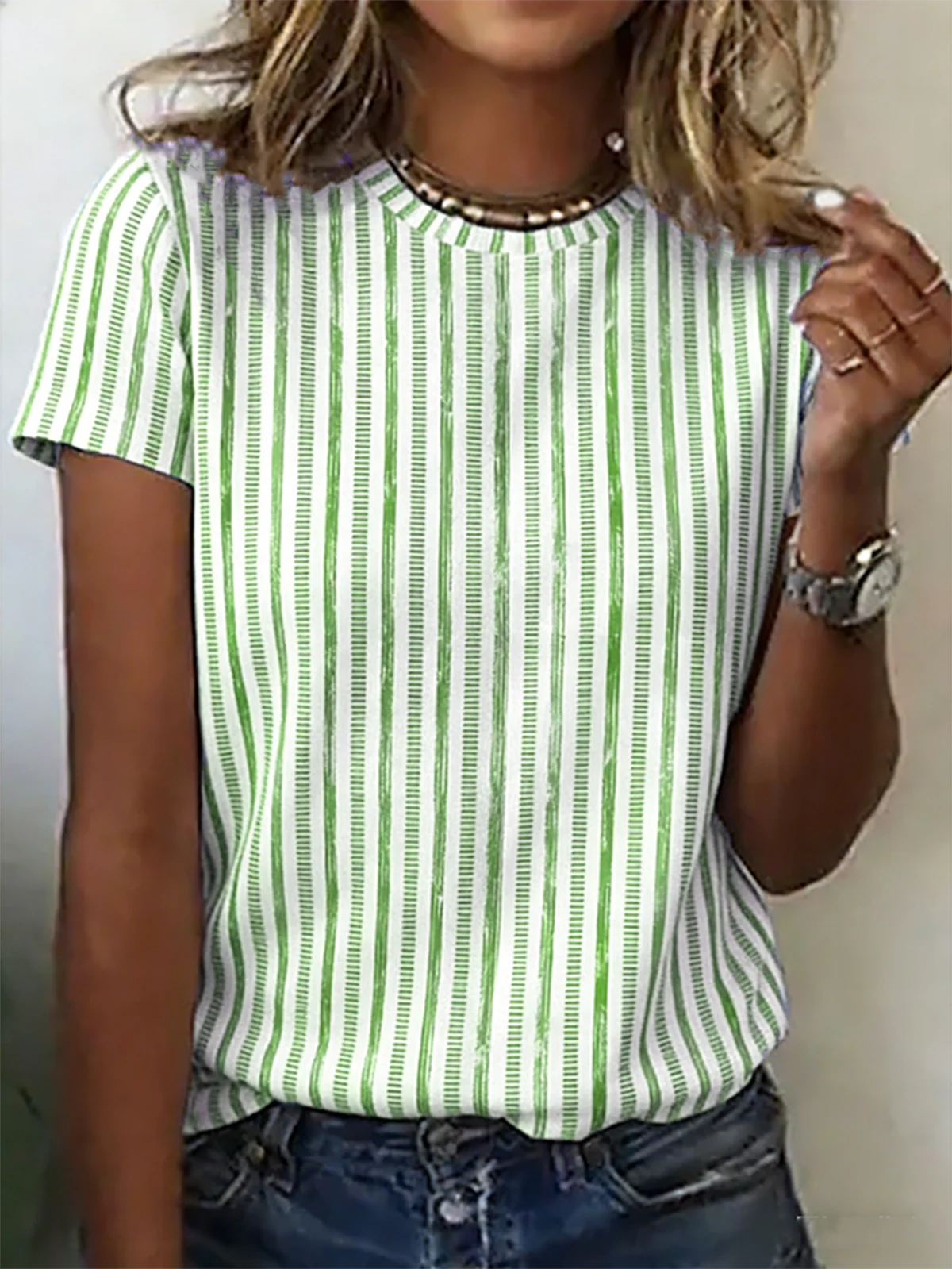 Brushstroke Stripe Print Crew Neck Short Sleeve Casual T-Shirt
