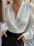 Elegant Satin Plain Long Sleeve Going Out Casual Crop Blouse